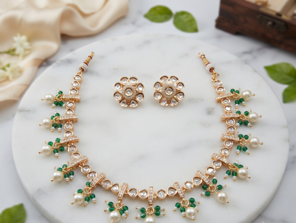 Elegant Green Beaded Kundan Necklace Set with Pearl Drops