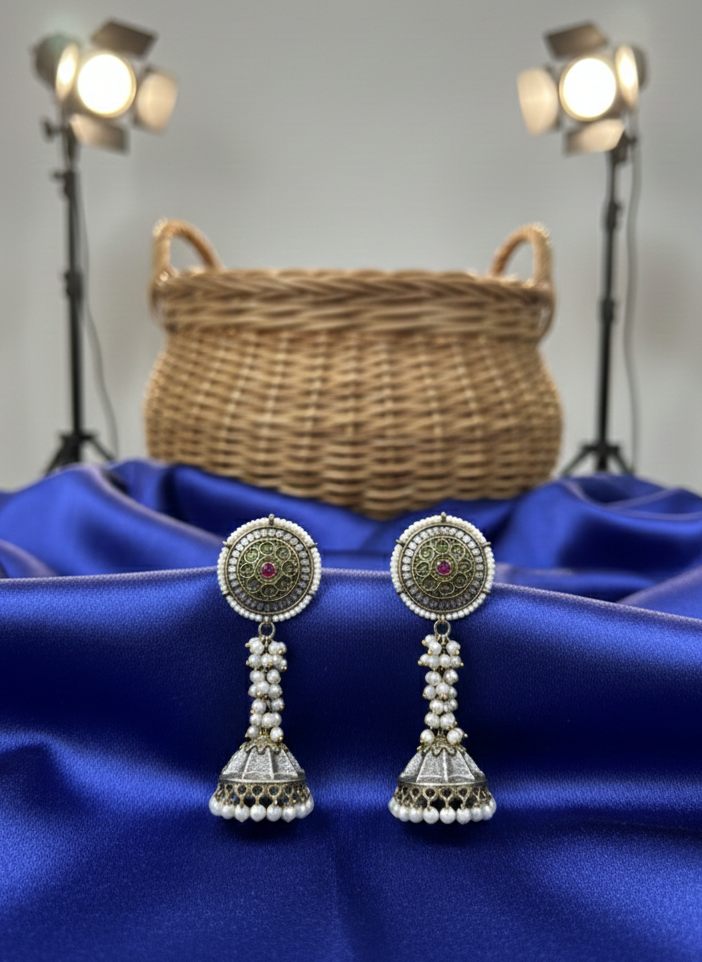 Anandi oxidised jhumkis with tiny pearl strands