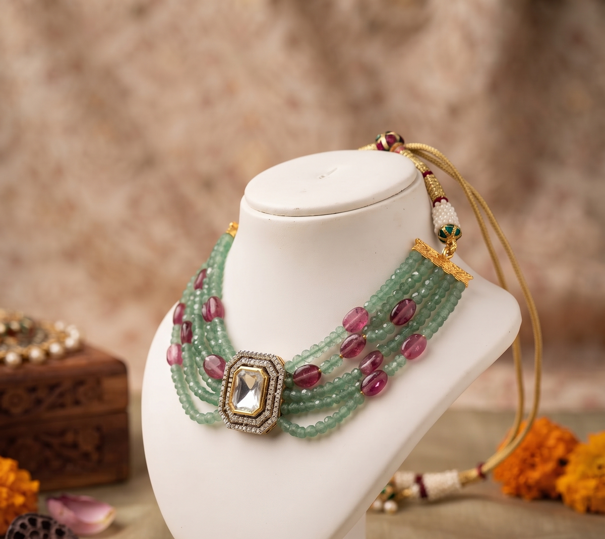Elegant Green & Ruby Multi-Strand Necklace