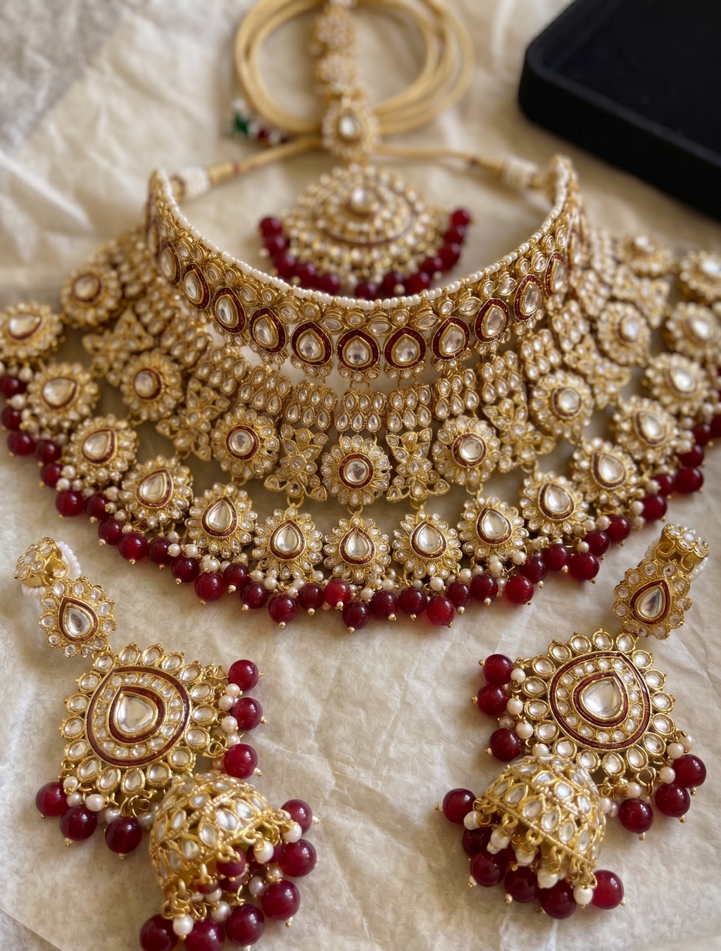 Lalitha bridal set | Bridal Kundan Choker Necklace Set with Jhumka Earrings, Gold-Toned, Maroon Beads, Traditional Indian Jewellery