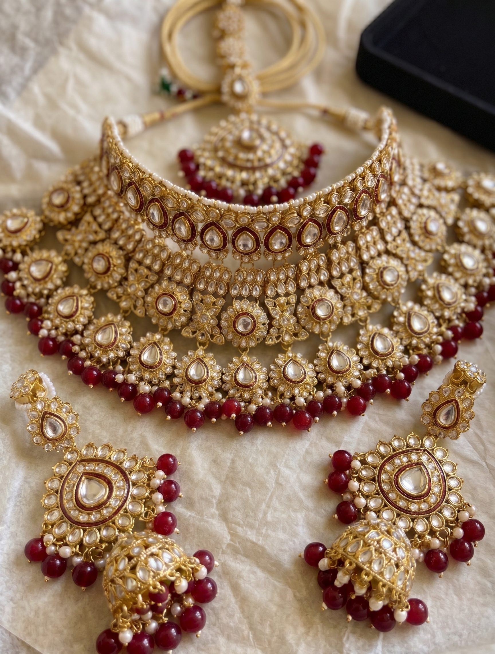 Lalitha bridal set | Bridal Kundan Choker Necklace Set with Jhumka Earrings, Gold-Toned, Maroon Beads, Traditional Indian Jewellery