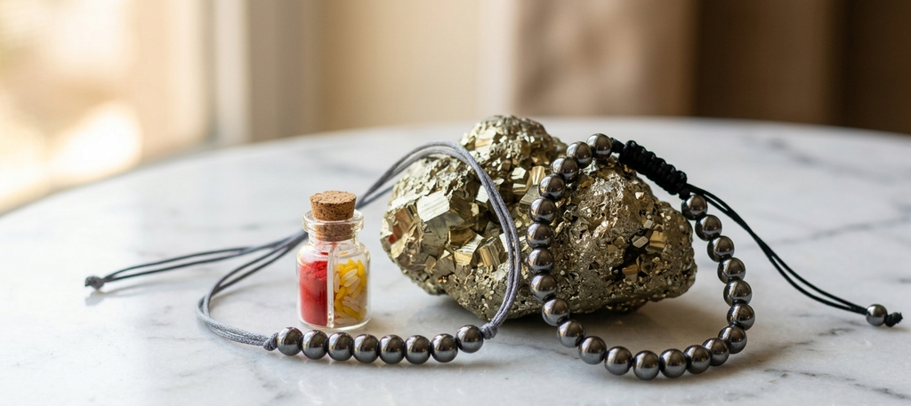 TNT Pyrite Beaded Bhai and Bhabhi Rakhi abd Bracelet Set with Adjustable Cord, Set of 2, Couple rakhi with original pyrite crystal beads