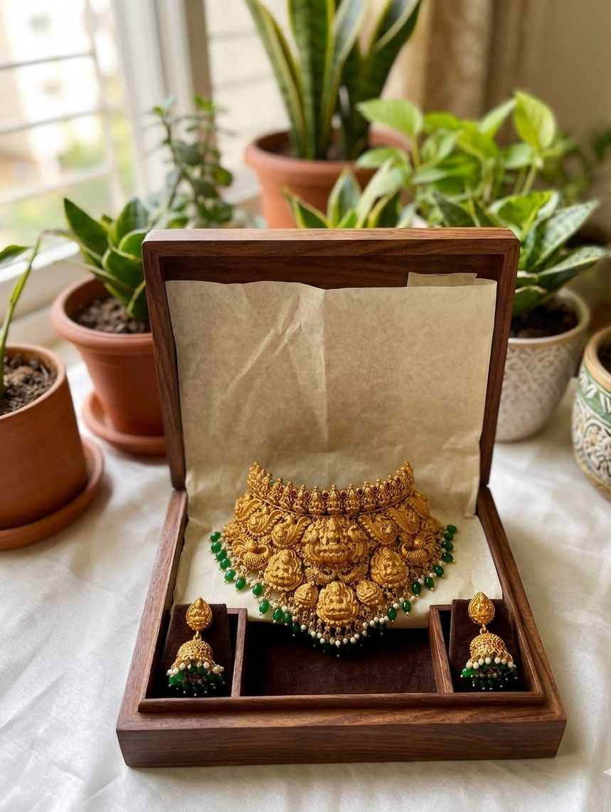 Aishwarya bridal set- Temple jewellery Lakshmi Choker Necklace Set with Jhumka Earrings, Gold Tone, Green Beads and Pearl Drops