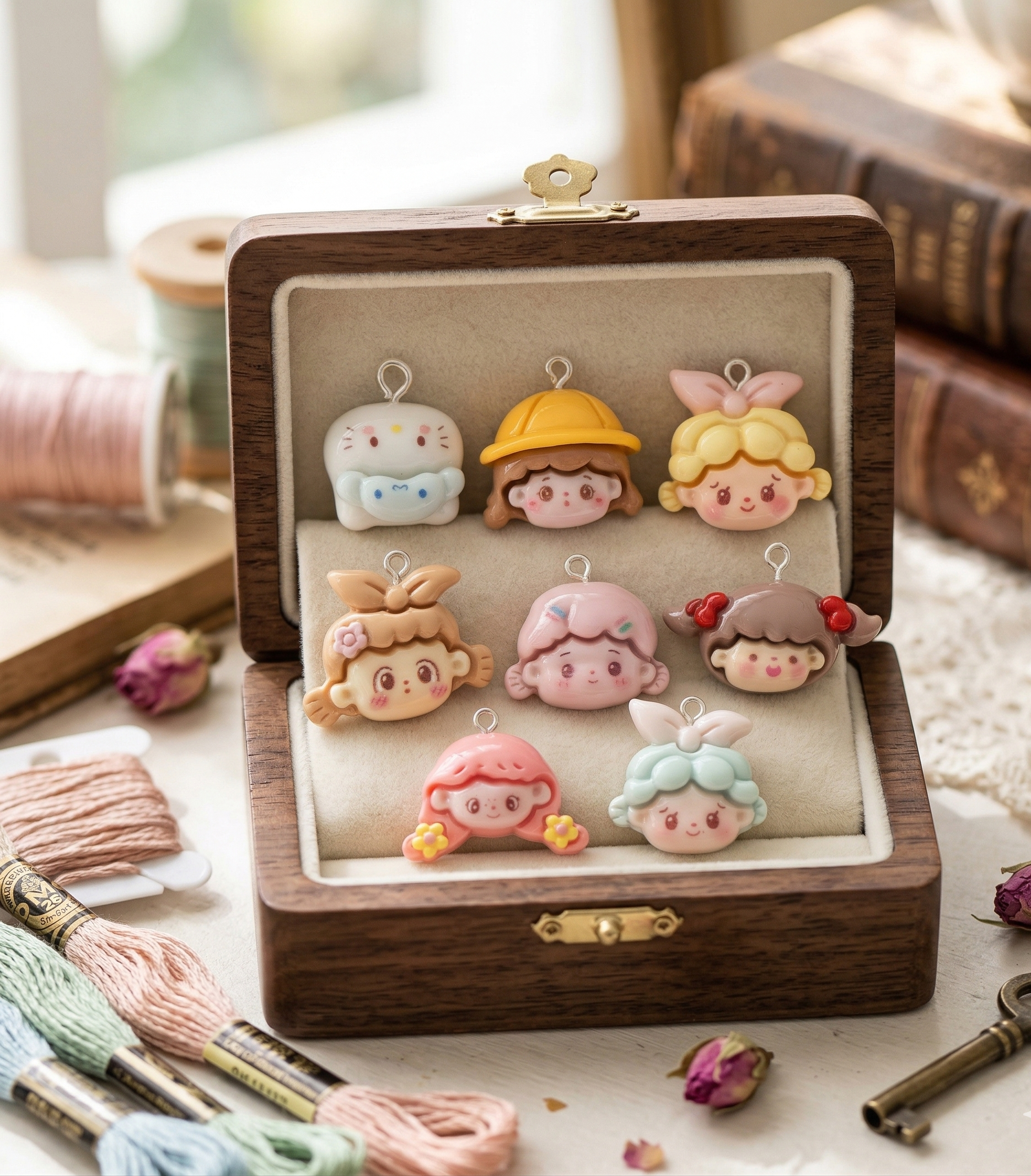 Cute Cartoon Girl Resin Charms, Kawaii Doll Face Pendants for Jewellery Making, Set of 8