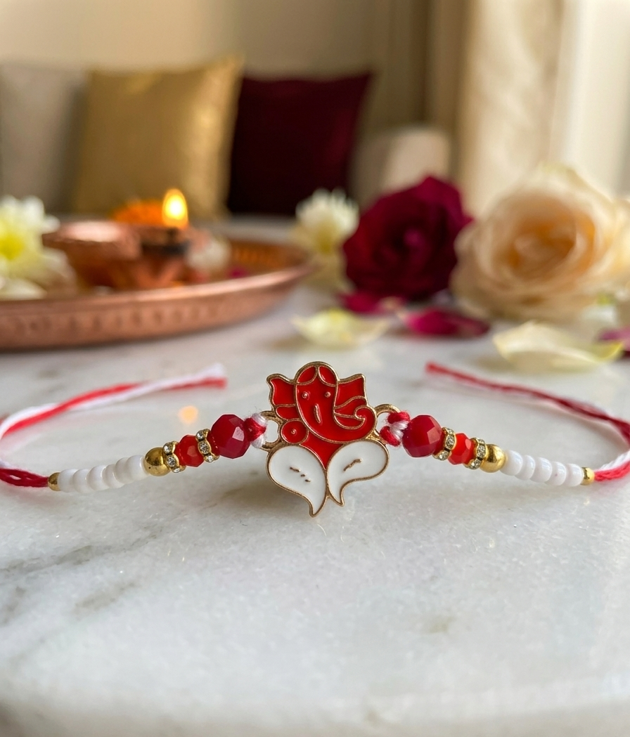 TNT Lord Ganesha Rakhi for Brother | Designer Red & White Beaded| Traditional Raksha Bandhan Rakhi for Bhai