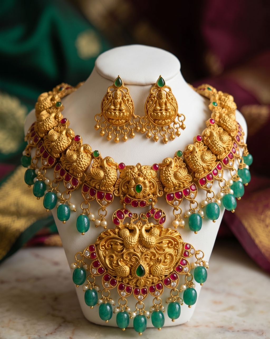 Mrinalini temple necklace set | Temple Jewellery Necklace Set, Gold-Toned with Red, Green Beads and Pearls, Traditional Indian Style