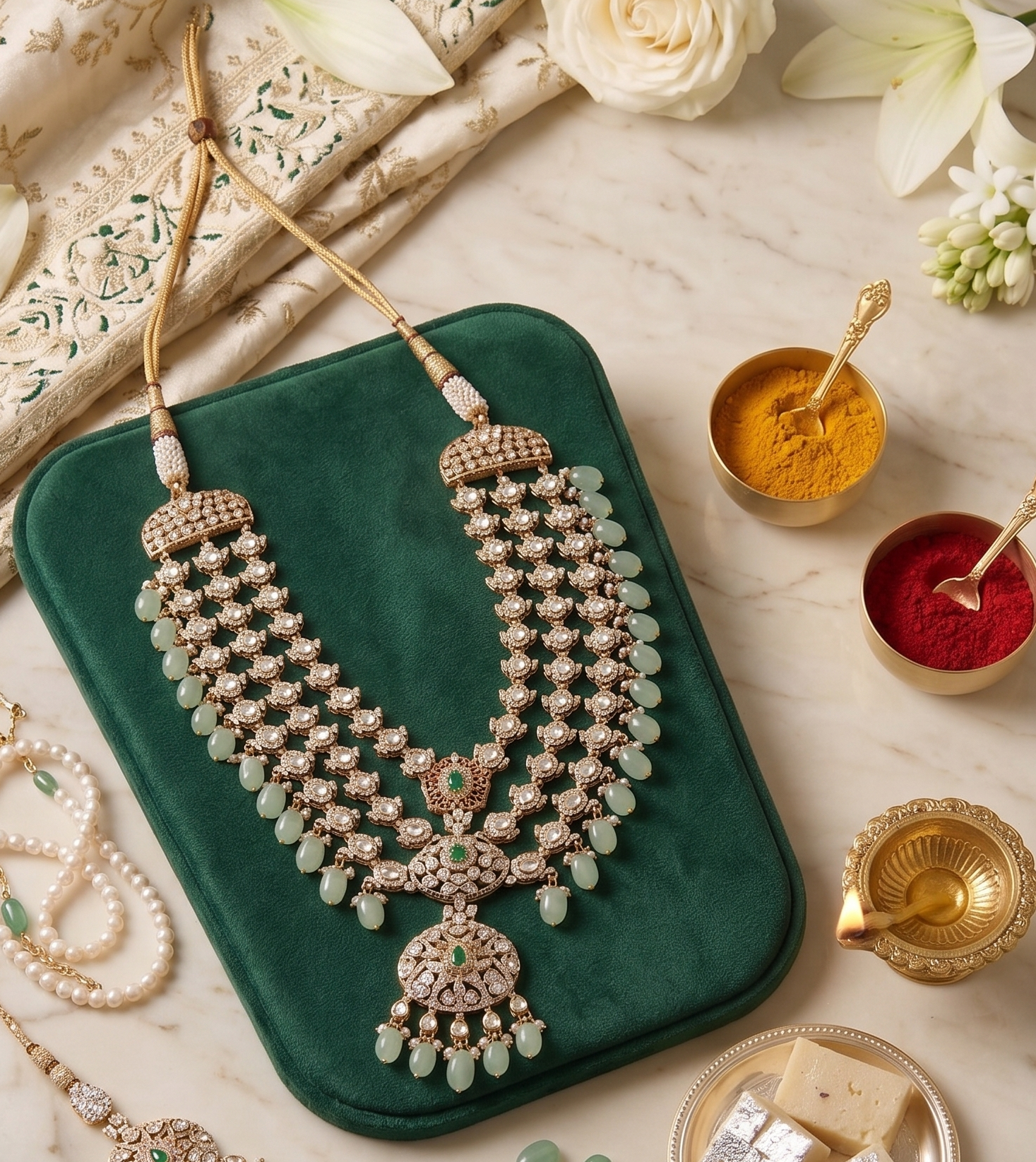 Victorian necklace for Grooms | Groom Mala or Sherwani Mala with victorian stones and green beads