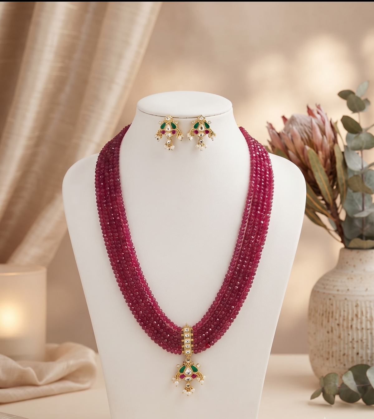Kamya Royal Ruby Beaded Necklace Set with Kundan Pendant