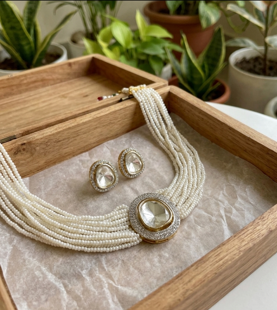 Shree pearl choker set with polki stones | Multi-Strand Pearl Beaded Choker Necklace Set with Kundan Earrings, White and Gold Tone