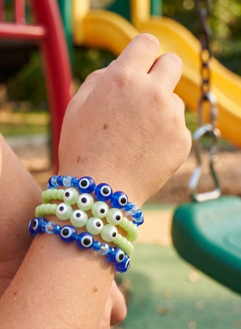 Evil Eye Beaded Bracelet Set, Blue and Green, Crystal and Glass Beads, Stackable, 4 Pieces