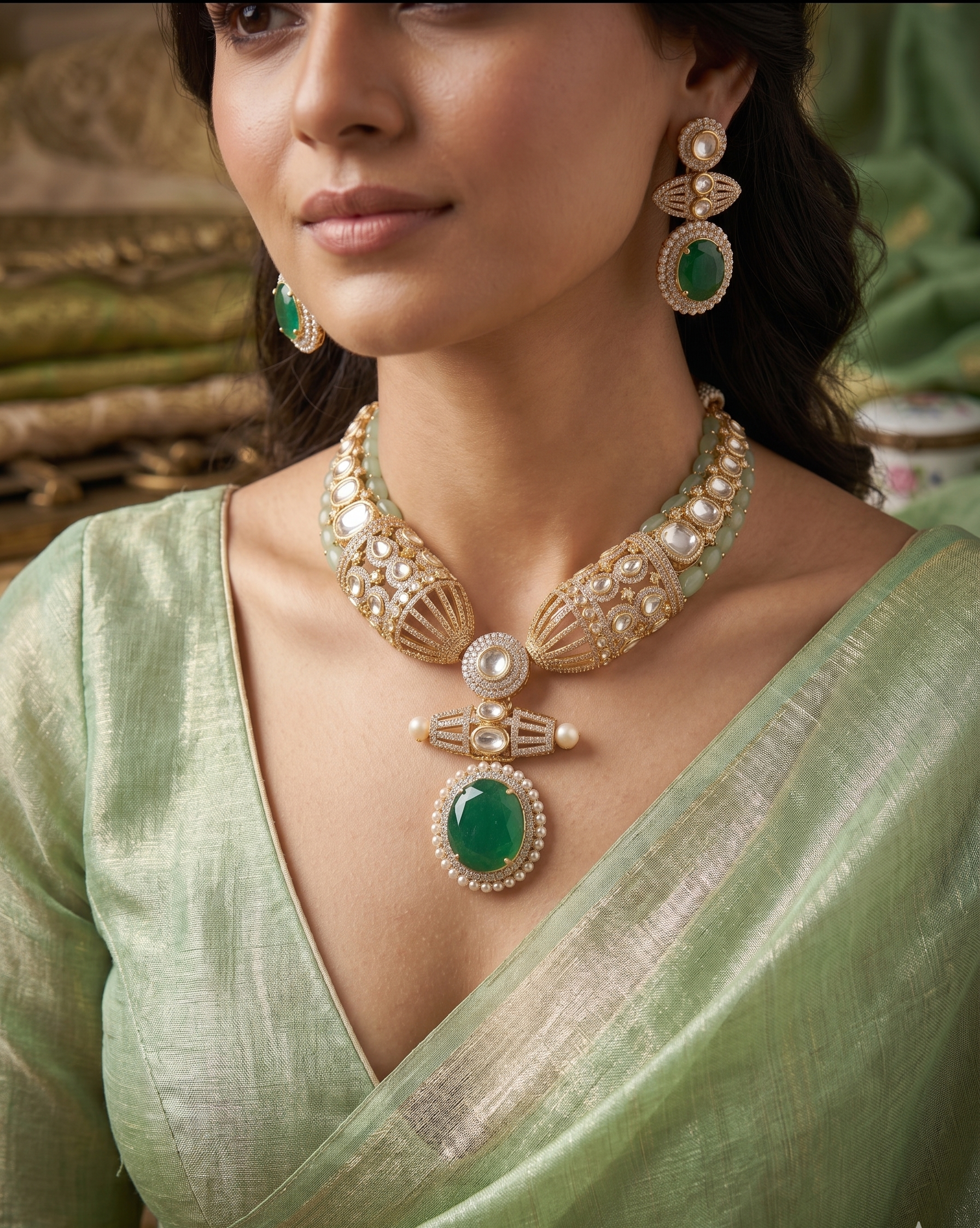 Karisma Kundan Necklace Set with Earrings, Green Stone, Gold-Toned, Bridal Indian Jewellery