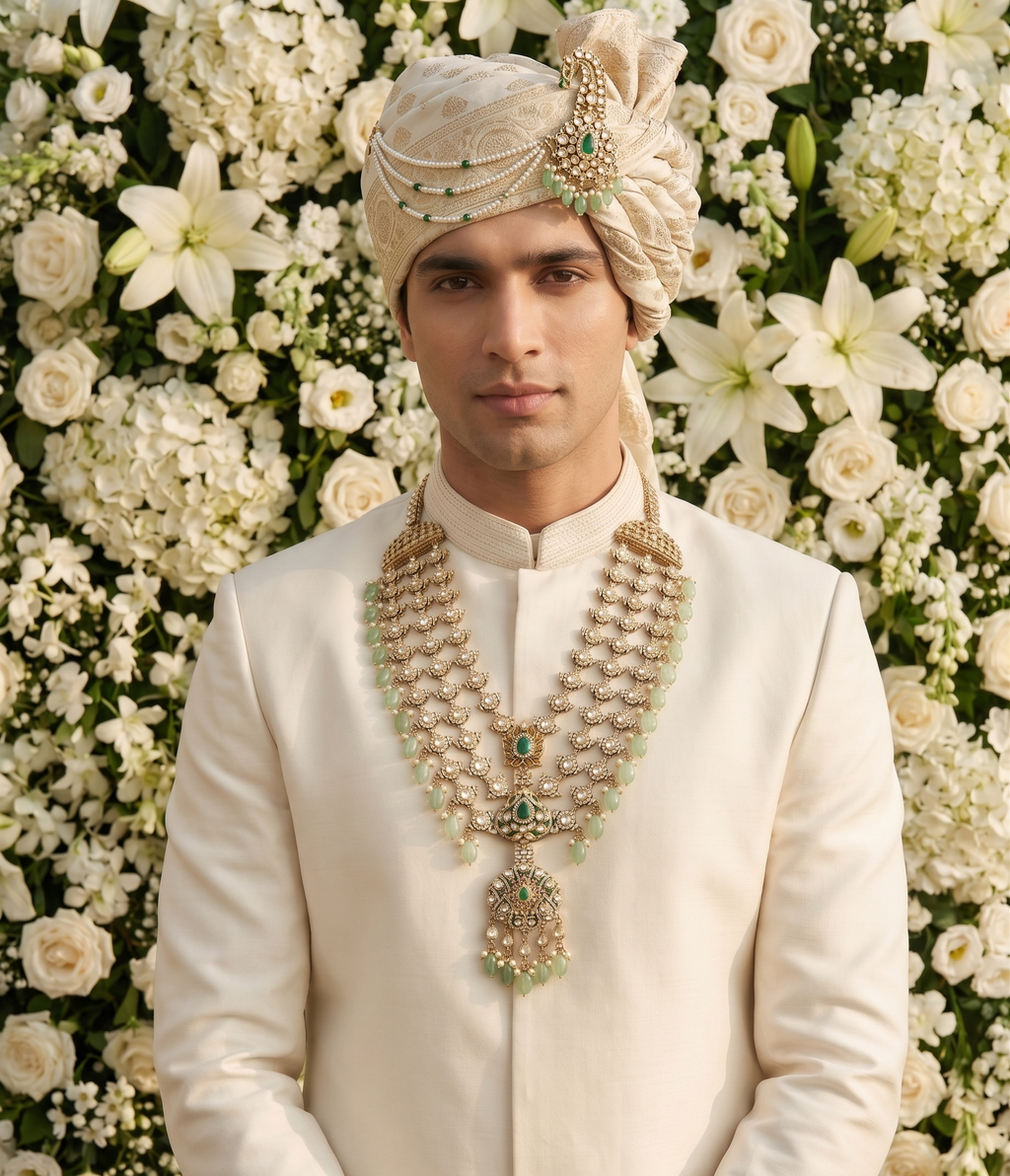 Victorian necklace for Grooms | Groom Mala or Sherwani Mala with victorian stones and green beads