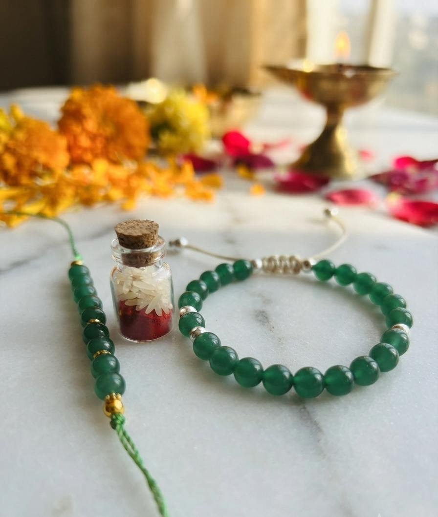 TNT designs Handmade Green Aventurine Rakhi and Bracelet Combo for Bhai and Bhabhi - Rakshabandhan Rakhi Set with Adjustable Thread for Brother & Sister-in-Law