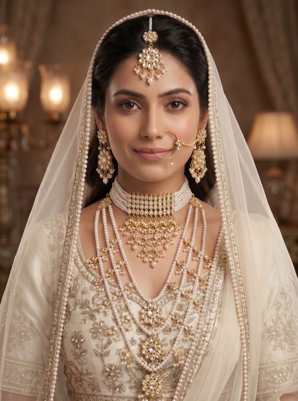 Chinnama Kundan Choker Necklace and Long Necklace Set with Multilayer Pearl Strands, Floral Earrings, Gold Tone Bridal Jewellery | Set of two (2) necklace sets