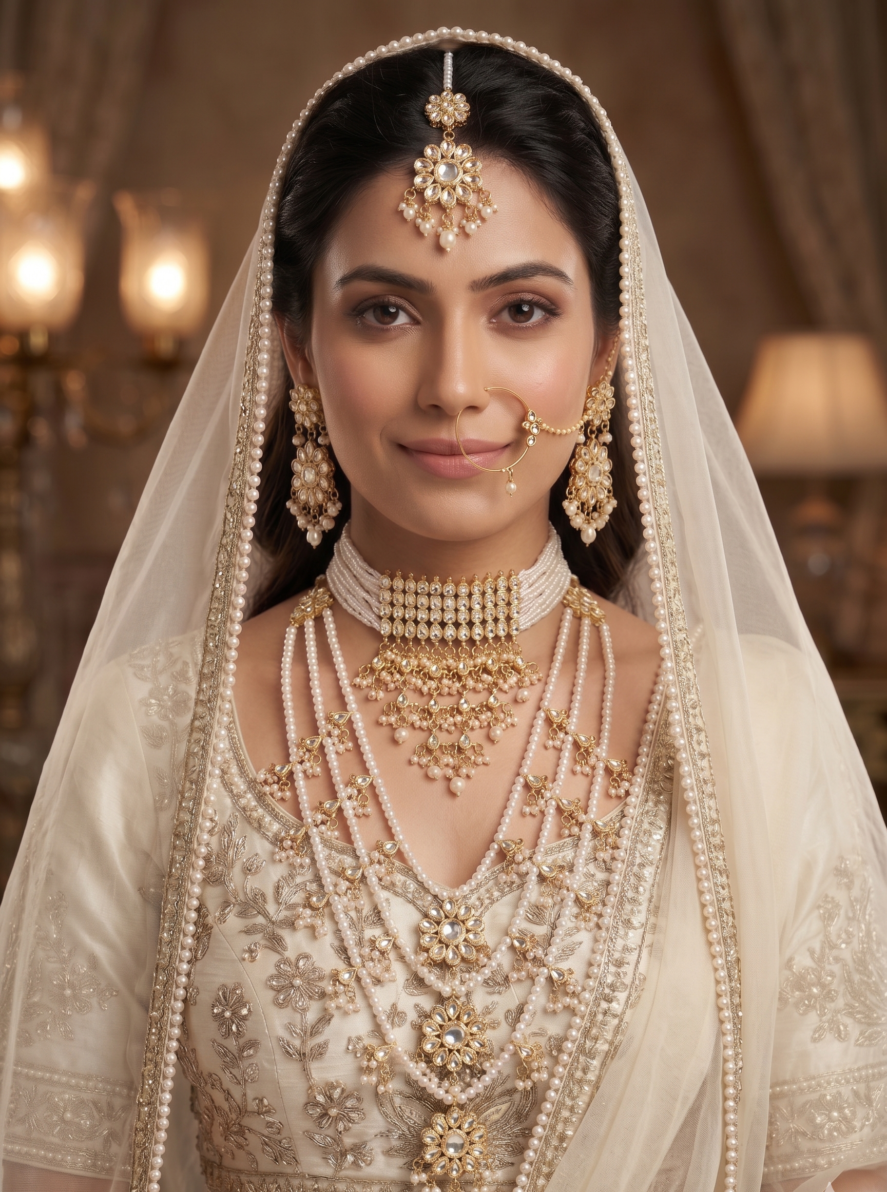 Chinnama Kundan Choker Necklace and Long Necklace Set with Multilayer Pearl Strands, Floral Earrings, Gold Tone Bridal Jewellery | Set of two (2) necklace sets