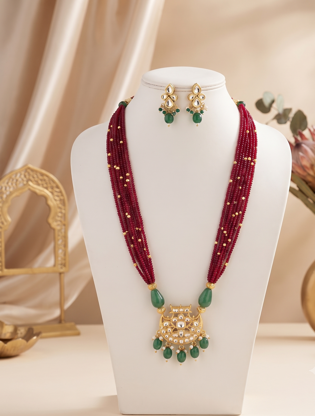 Dhaani Elegant Ruby & Green Beaded Necklace Set | Long kundan necklace
