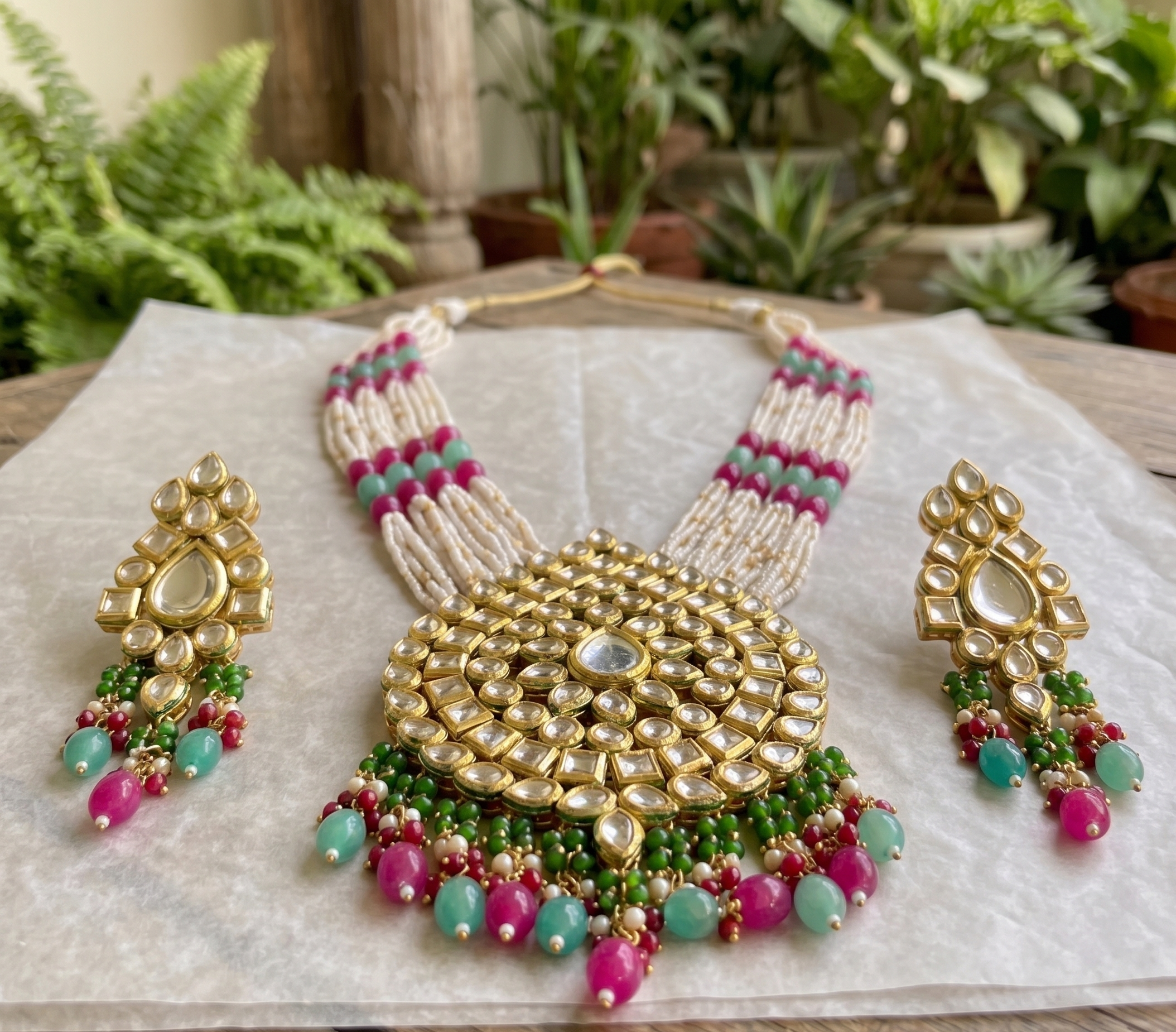 Sheetla long kundan necklace set | Kundan Pendant Necklace Set with Pearl Beads, Red and Green Drops, Earrings Included
