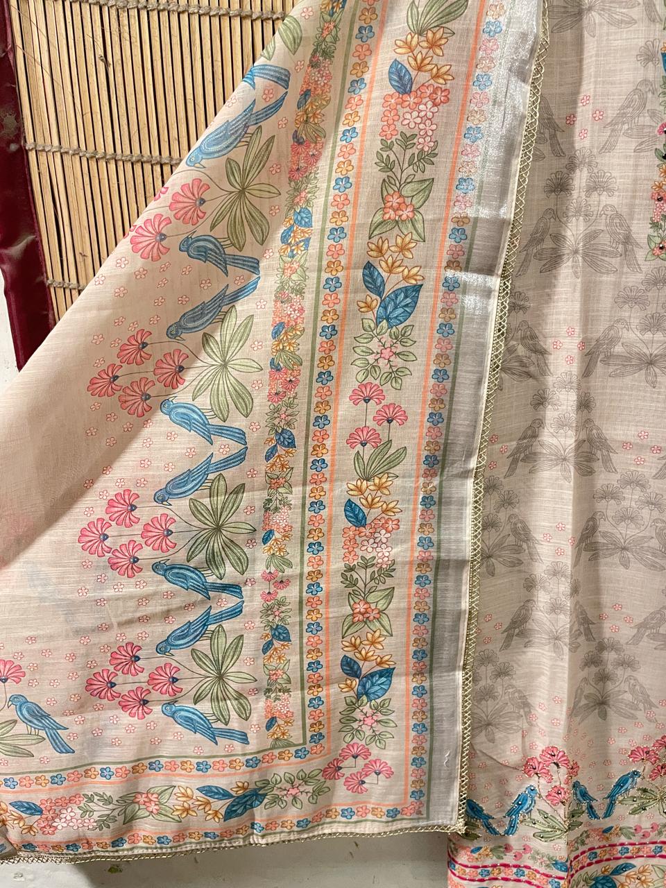Ivory Floral & Peacock Embroidered Suit Set | Unstitched Suit fabric