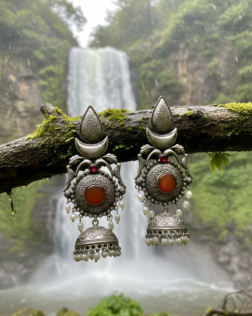 Rani silver oxidised Jhumkas