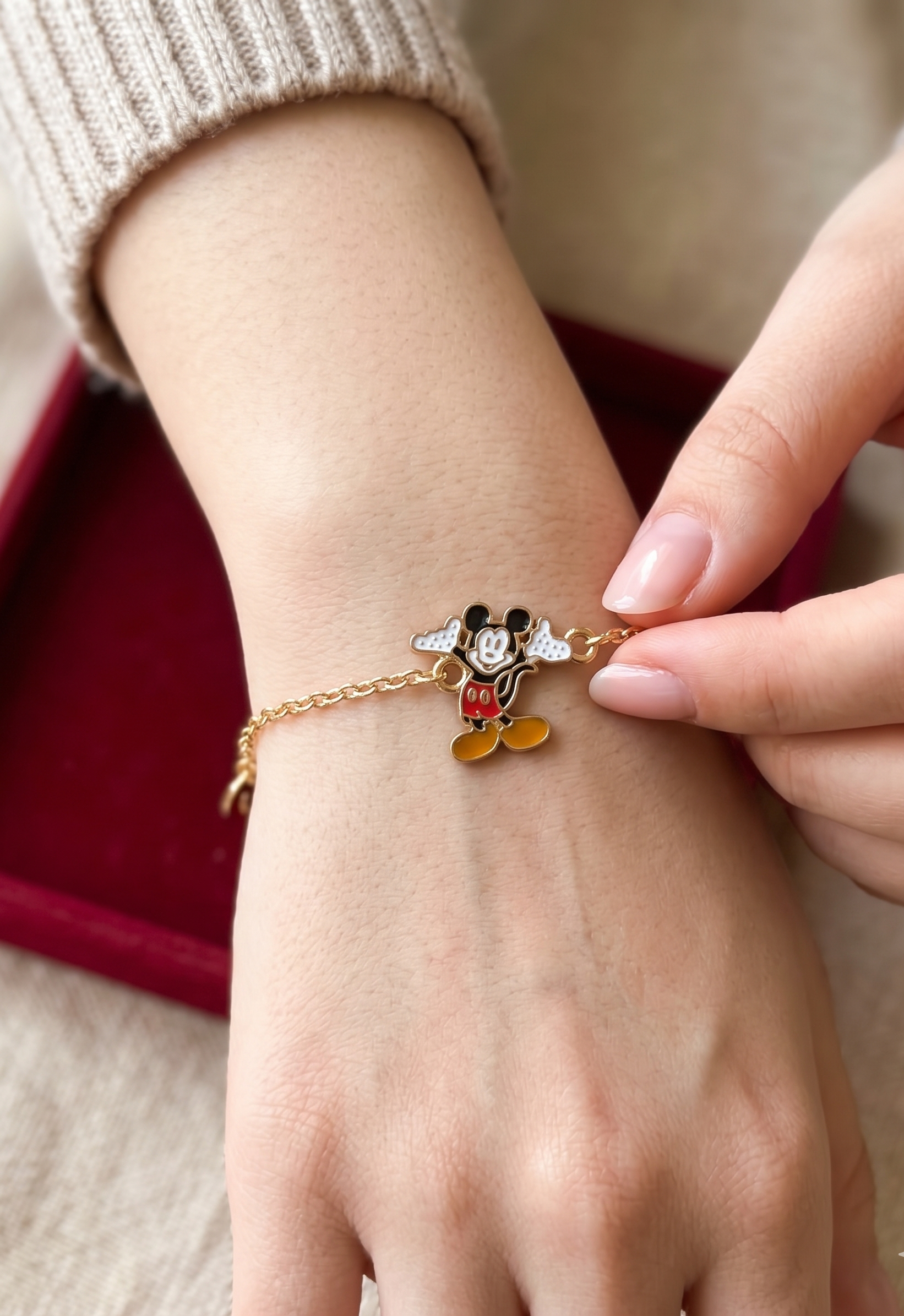 Mickey Mouse Charm Bracelet, Gold-Tone Chain, Enamel Pendant, Disney Theme, Handmade, 2 to 8 years