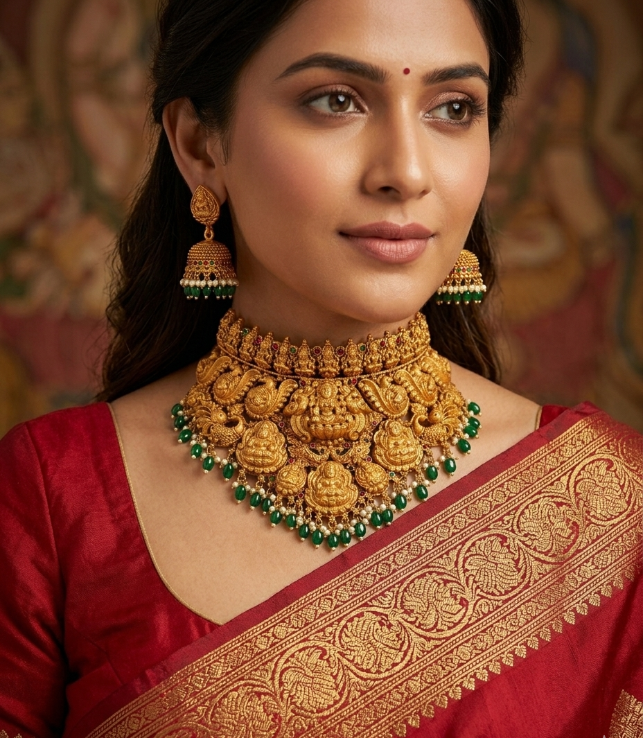 Aishwarya bridal set- Temple jewellery Lakshmi Choker Necklace Set with Jhumka Earrings, Gold Tone, Green Beads and Pearl Drops
