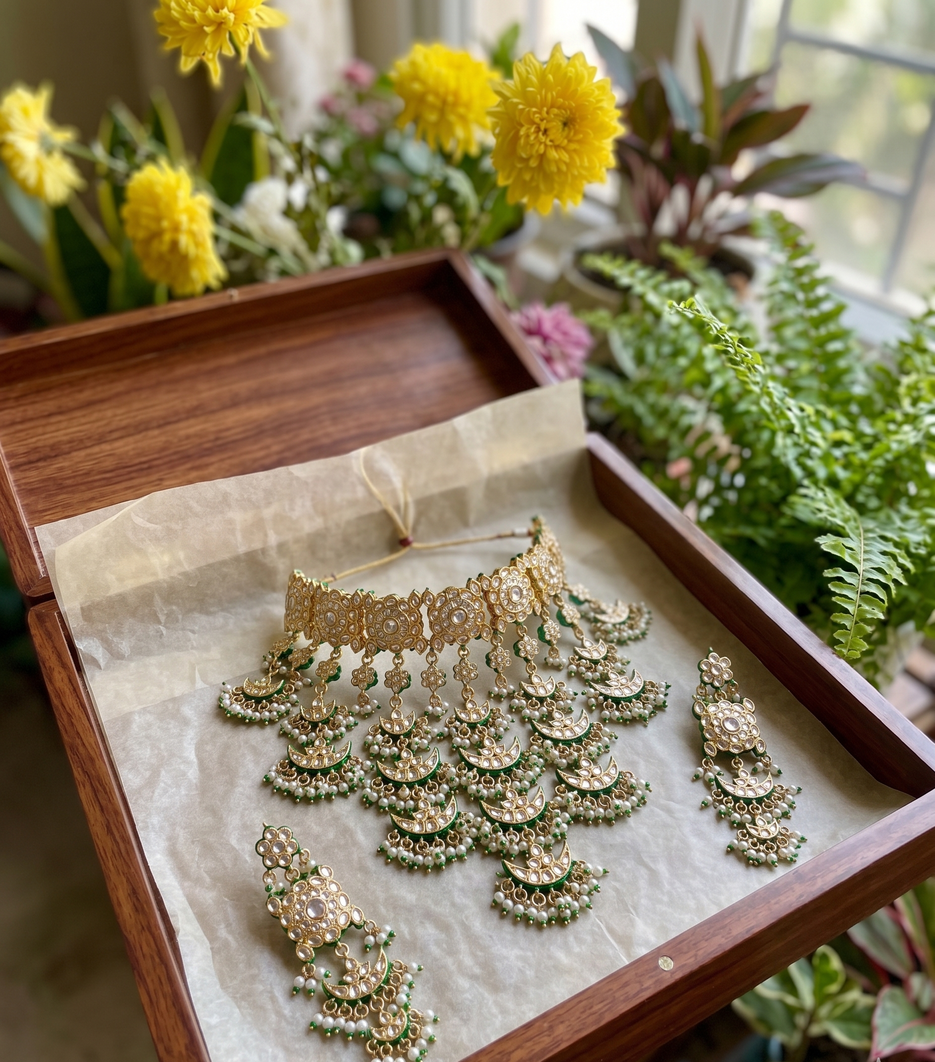 Rashmika choker bridal set | Traditional Kundan Bridal Choker Necklace Set with Earrings, Gold-Toned, Pearl Drops, Meenakari Work