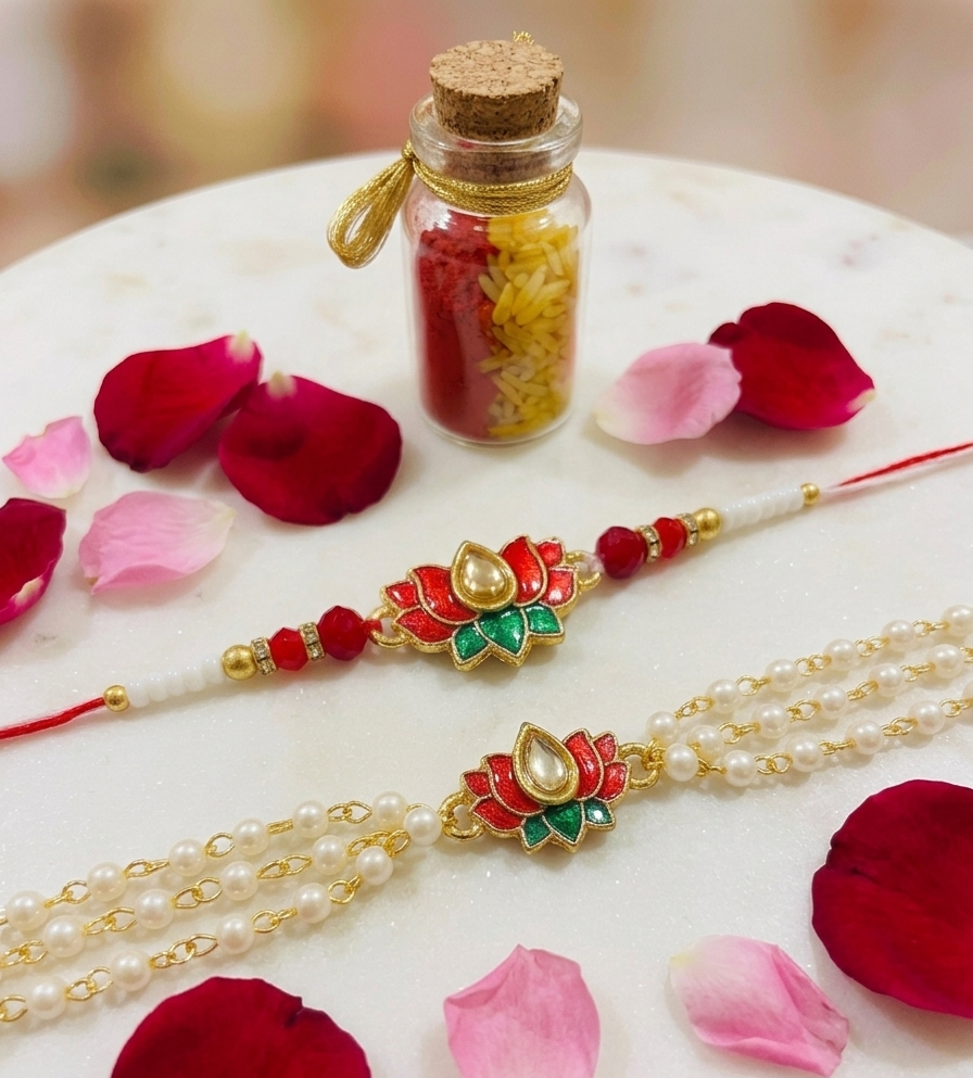 Lotus Rakhi and Lumba Set, Kundan Meenakari with Pearl Chain, Couple rakhi set for bhai and bhabhi