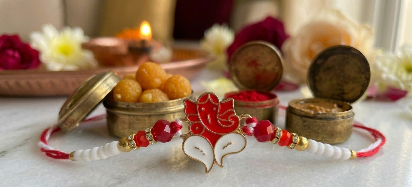 TNT Lord Ganesha Rakhi for Brother | Designer Red & White Beaded| Traditional Raksha Bandhan Rakhi for Bhai