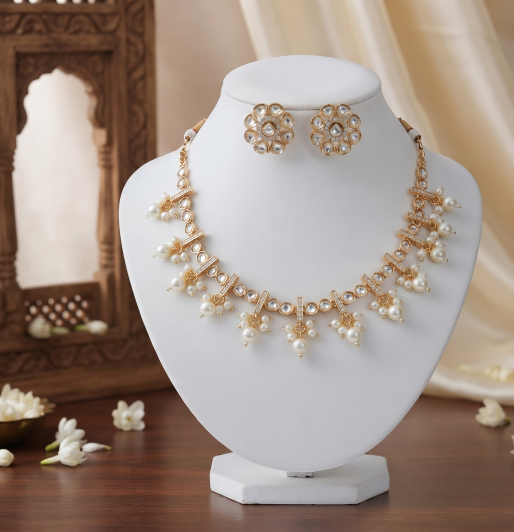 Elegant Gold-Tone Kundan Necklace Set with Pearl Drops