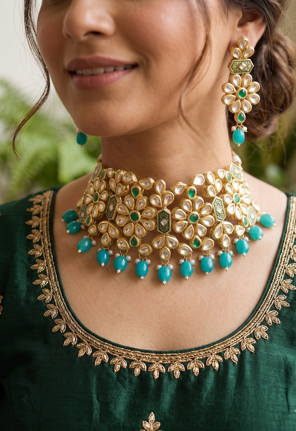 Ana kundan choker set | Kundan Choker Necklace Set with Earrings, Gold-Toned, Turquoise and Green Beads, Floral Design