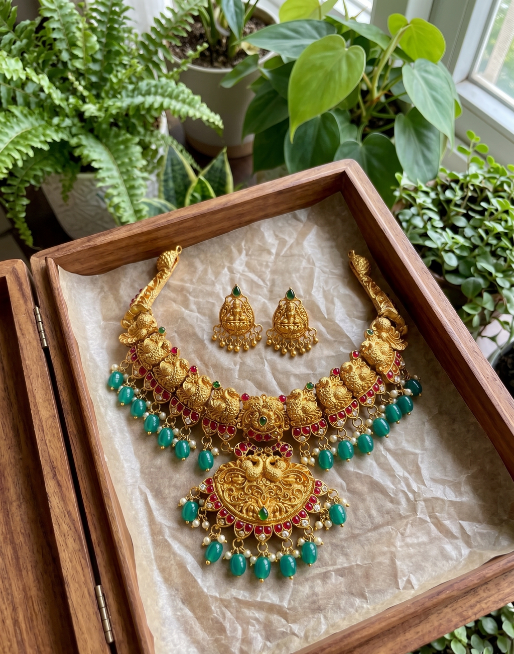 Mrinalini temple necklace set | Temple Jewellery Necklace Set, Gold-Toned with Red, Green Beads and Pearls, Traditional Indian Style