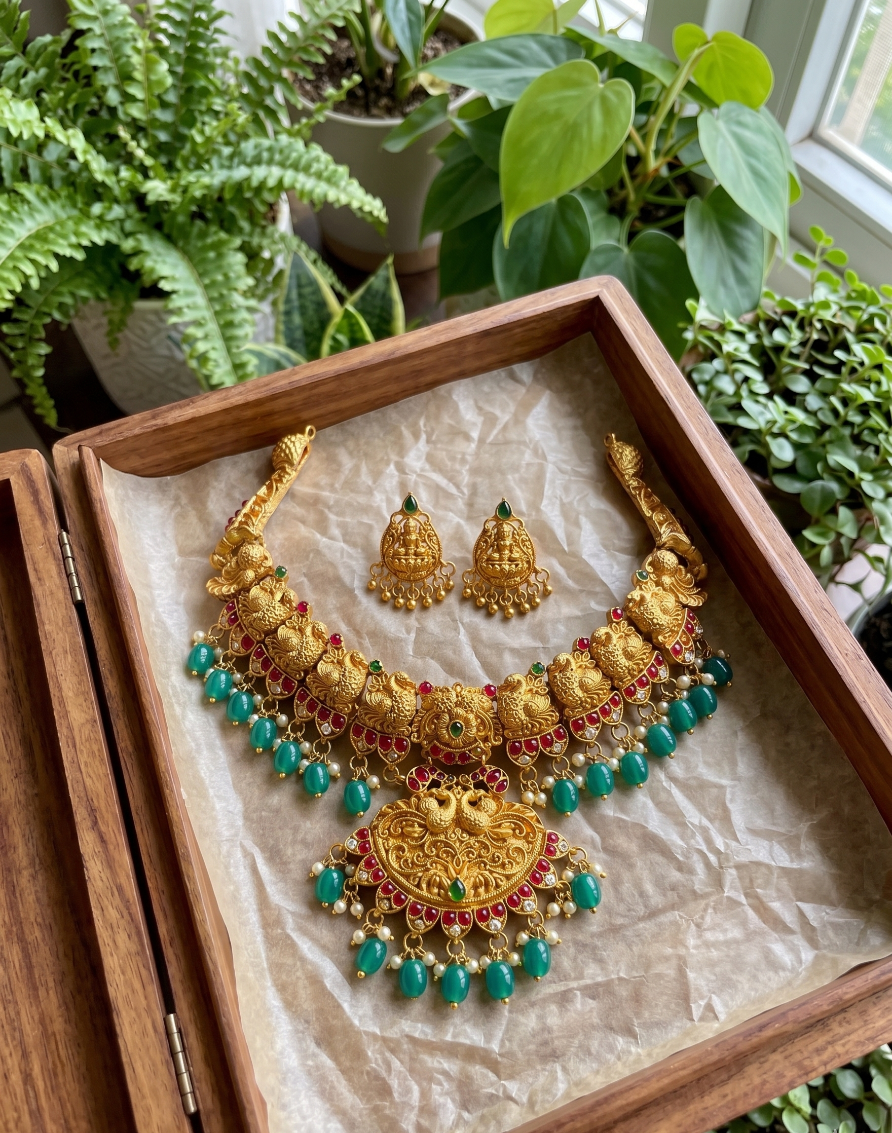 Mrinalini temple necklace set | Temple Jewellery Necklace Set, Gold-Toned with Red, Green Beads and Pearls, Traditional Indian Style