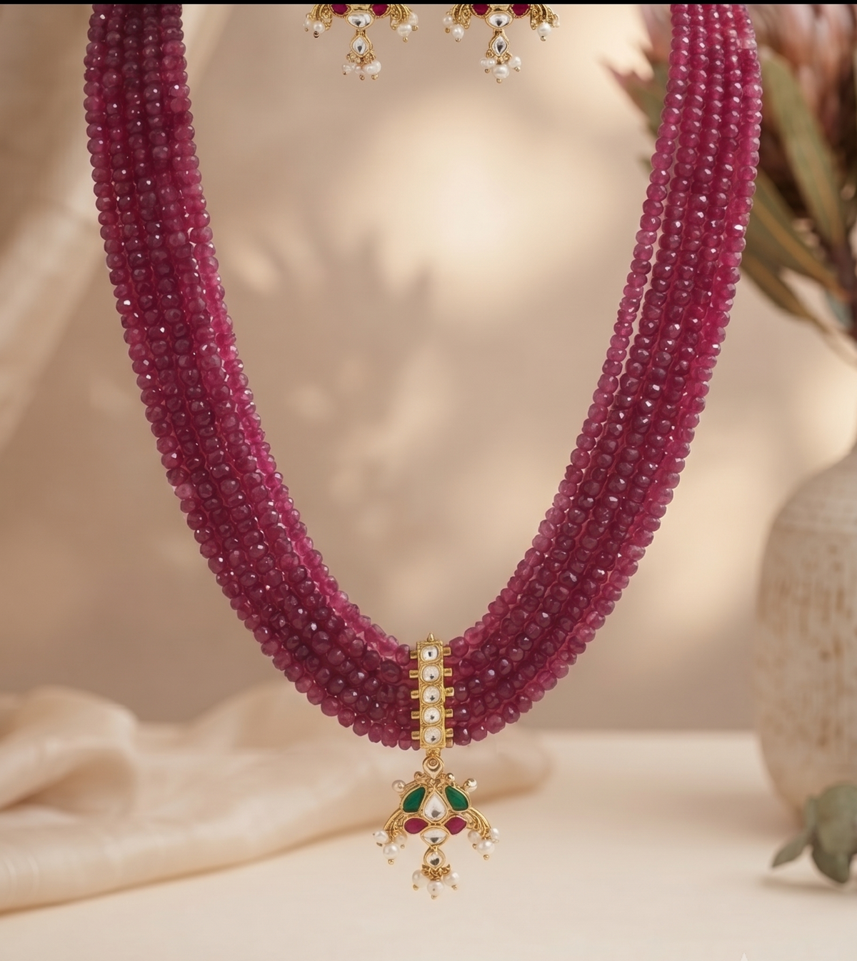 Kamya Royal Ruby Beaded Necklace Set with Kundan Pendant