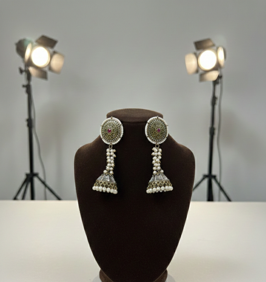 Anandi oxidised jhumkis with tiny pearl strands