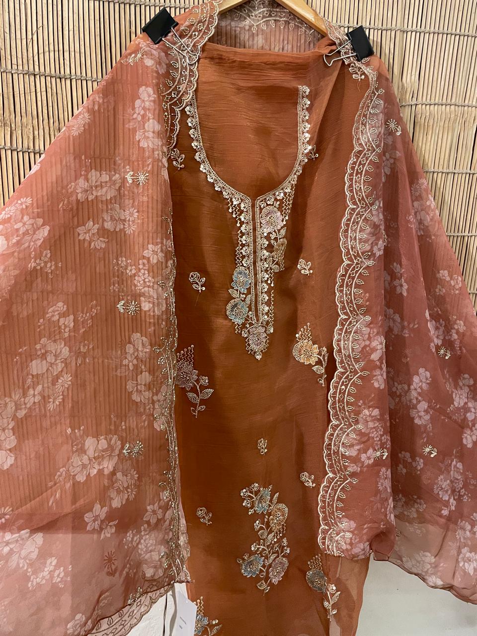 Rust Orange Embroidered Designer Suit Set | Pure Crepe Unstitched Suit Fabric