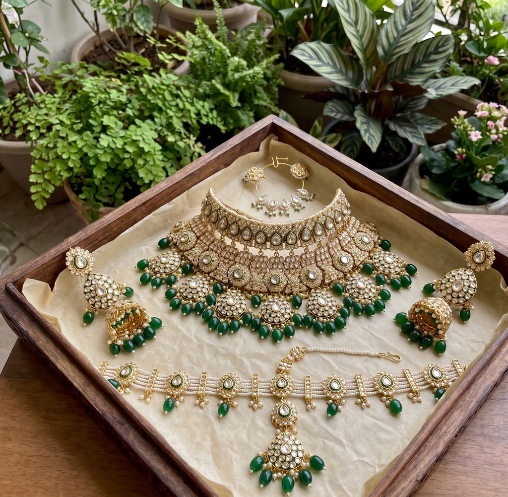 Katyayani bridal necklace set | Kundan Bridal Necklace Set with Jhumka Earrings, Nath and Sheeshpatti, Gold-Toned, Green Beads, Traditional Indian Style