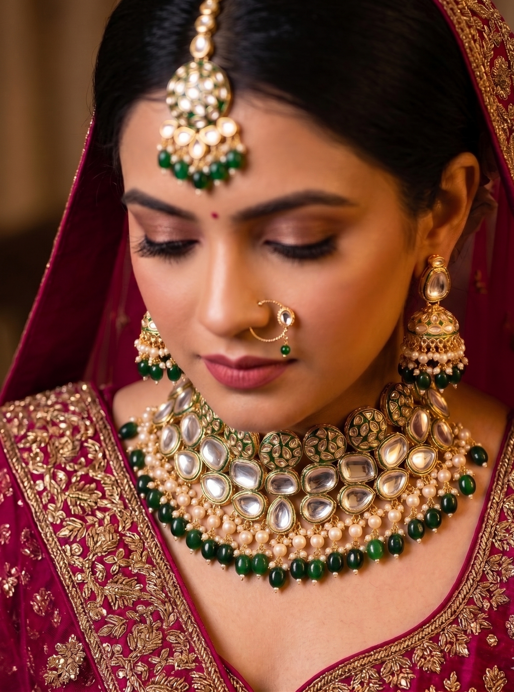 Ravina kundan semi bridal choker necklace set | Kundan Choker Necklace Set with Jhumka Earrings, Green and Gold, Pearl Beads, Bridal