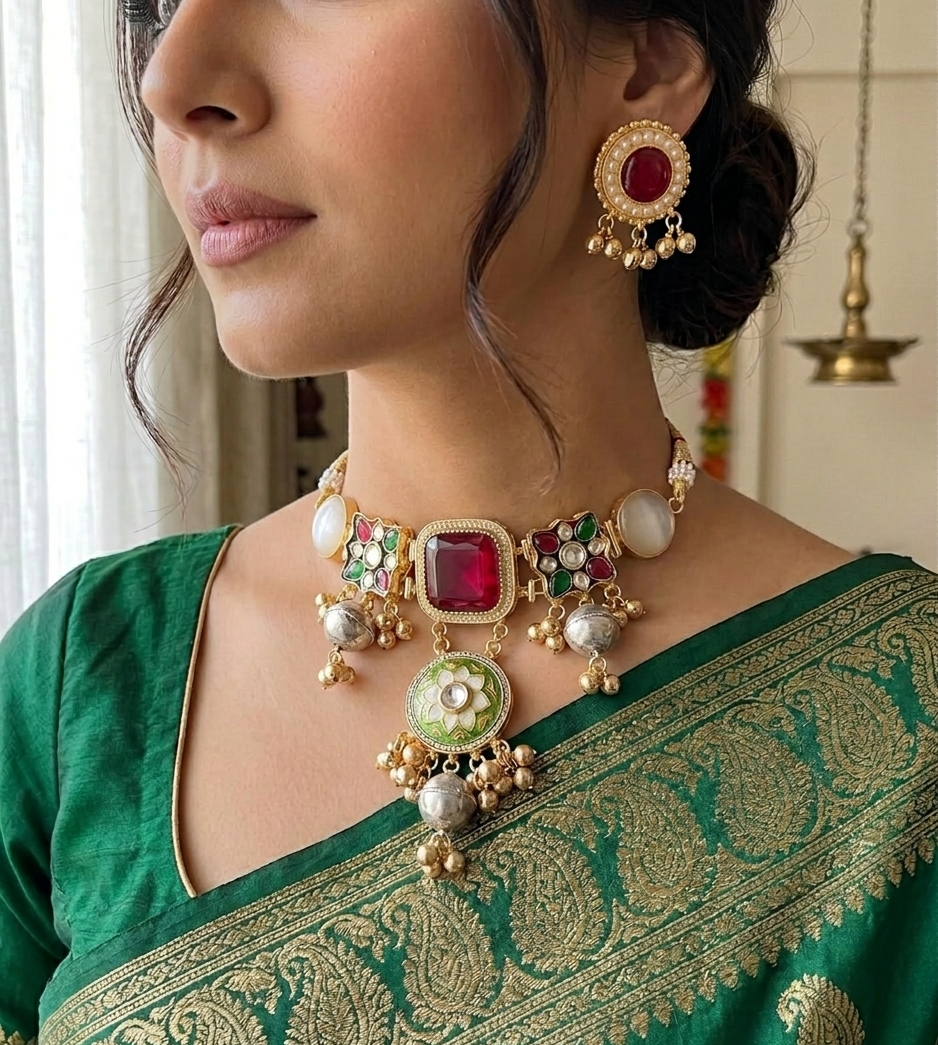 Kashmiri brass choker set - Maroon color