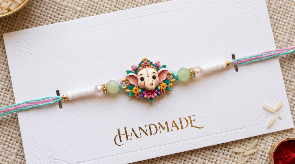 Handmade Ganpati Rakhi for Brother & Kids - Designer Ganesha Pearl Thread for All Age Groups (Bhaiya, Toddlers & Adults) with Premium Mint Beads