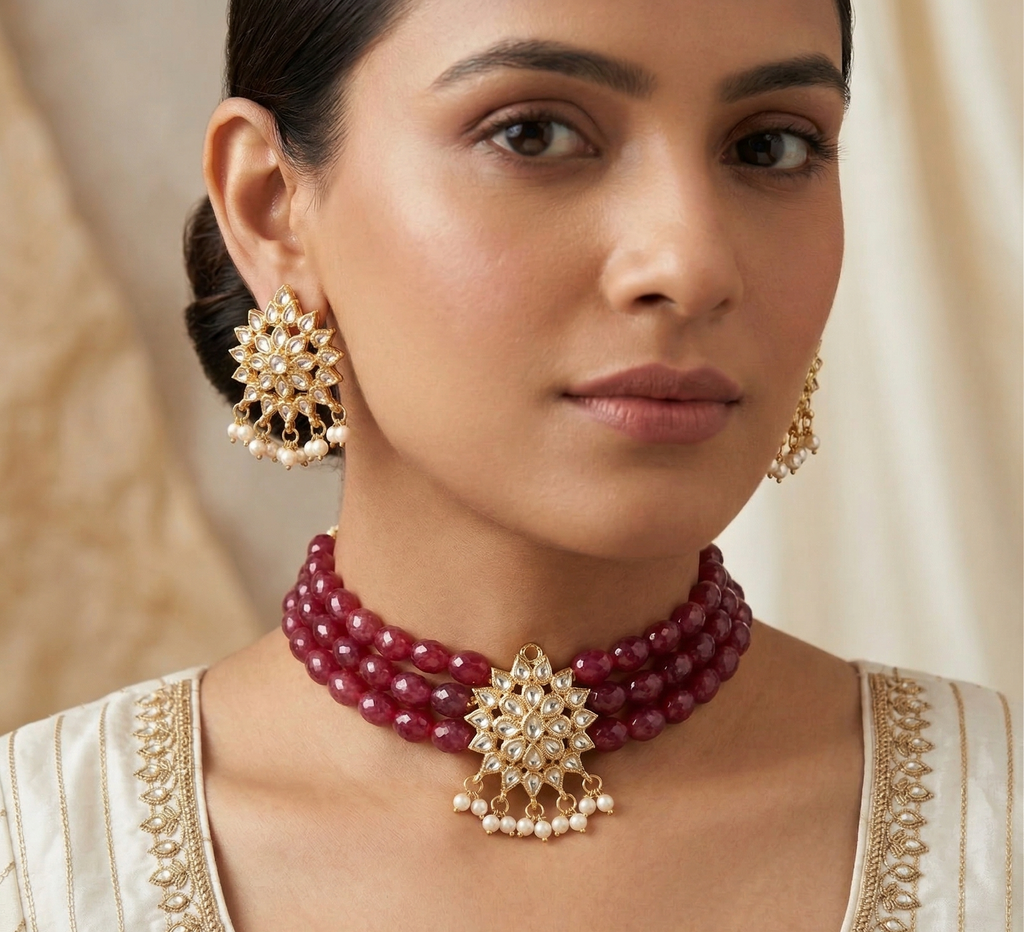 Katha red choker necklace set