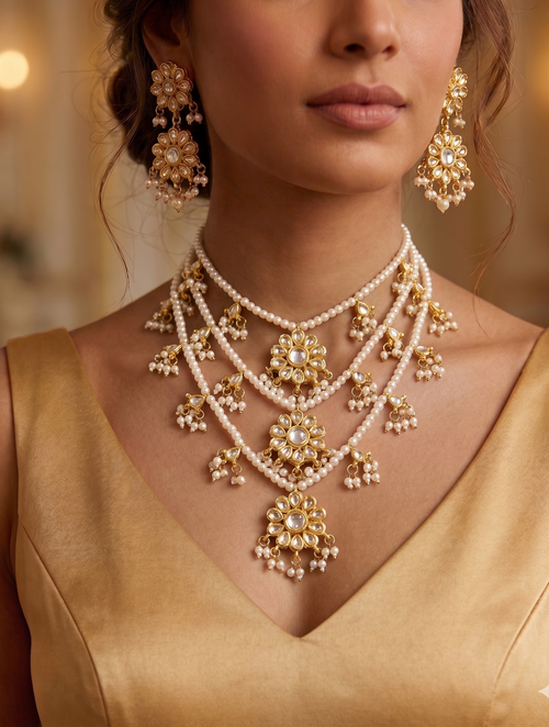 Aisha Kundan Jewellery Set with Pearl Beaded Necklace and Earrings, Gold Tone, Floral Design| Three layered necklace