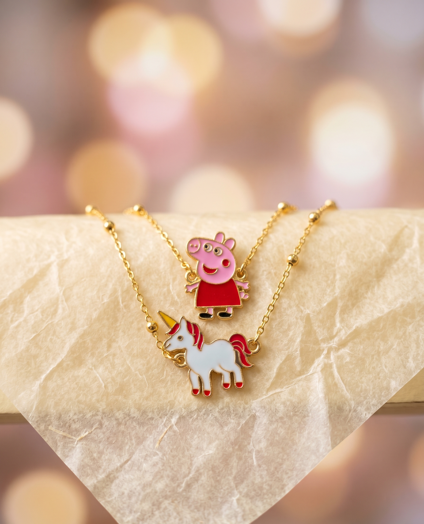 Kids Layered Necklace with Cartoon Peppa Pig and Unicorn Enamel Pendants, Gold-Toned Chain | 3 to 10 years