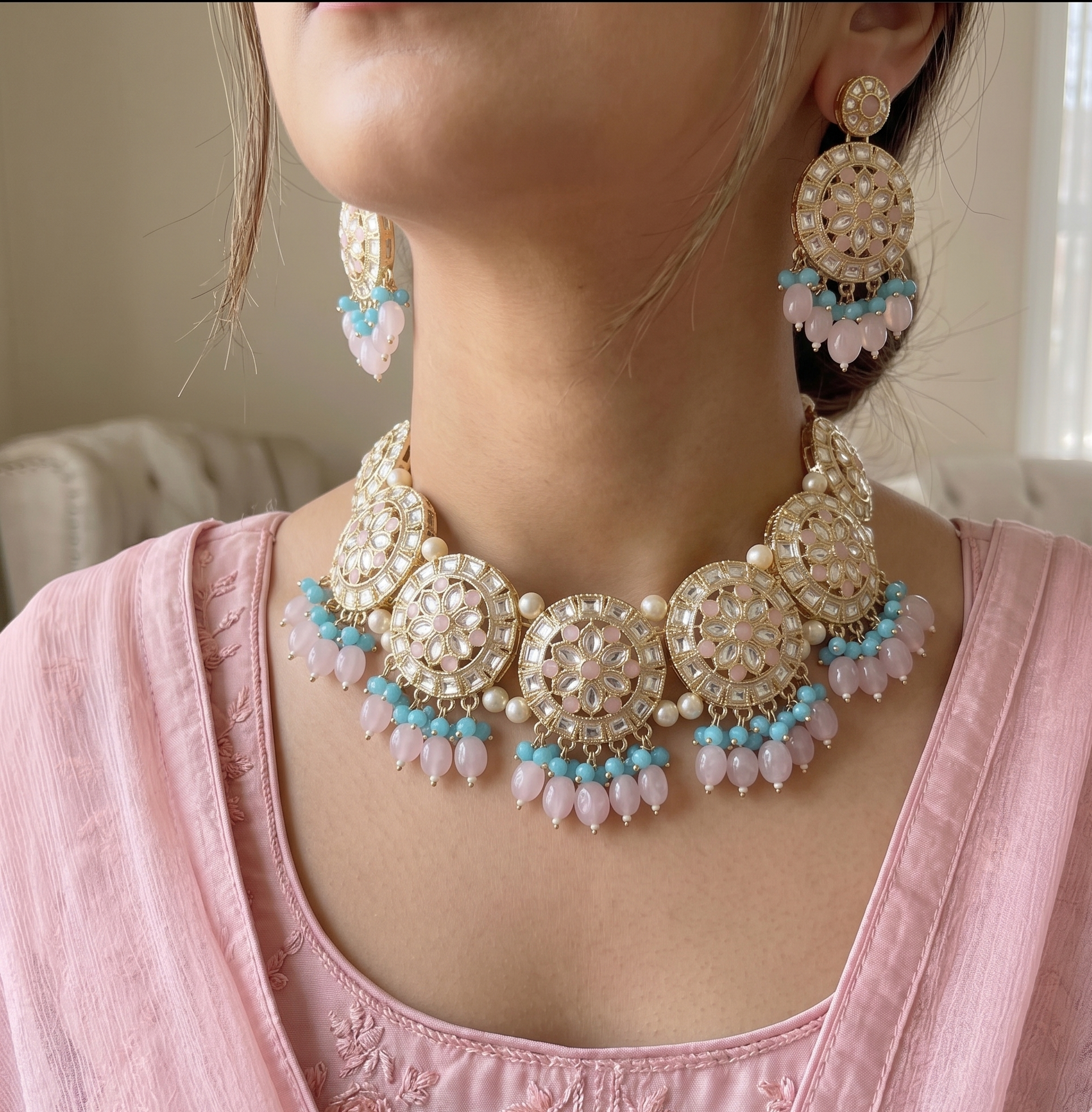 Maheshwari choker set | Gold-Toned Choker Necklace Set with Earrings and Maang Tikka, Pink and Blue Beads, Kundan Style