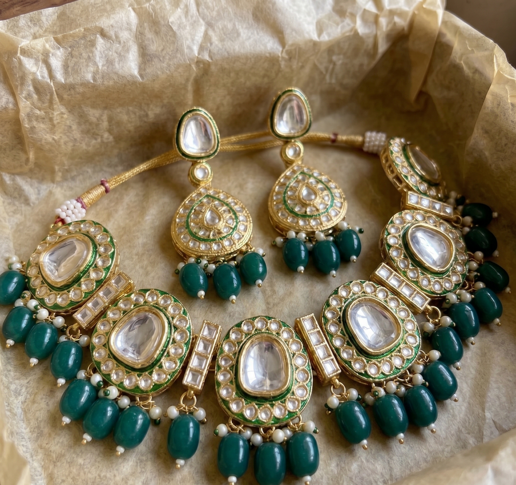 Kushmanda choker necklace set | Kundan Necklace and Earring Set, Gold-Toned with Green Beads, Pearl Embellished, Traditional Bridal Jewellery