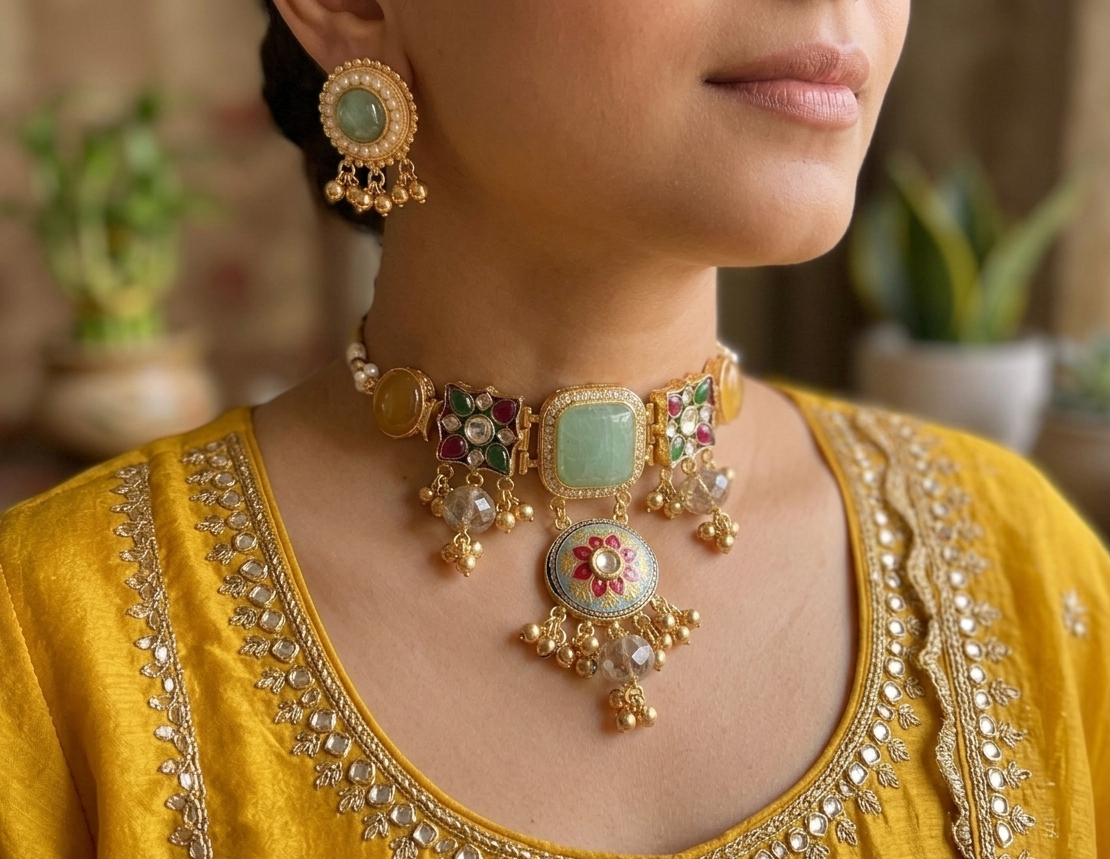Kashmiri brass choker with earrings- Mint green