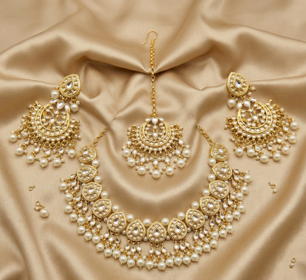 Nayantara kundan necklace set with earrings and teeka