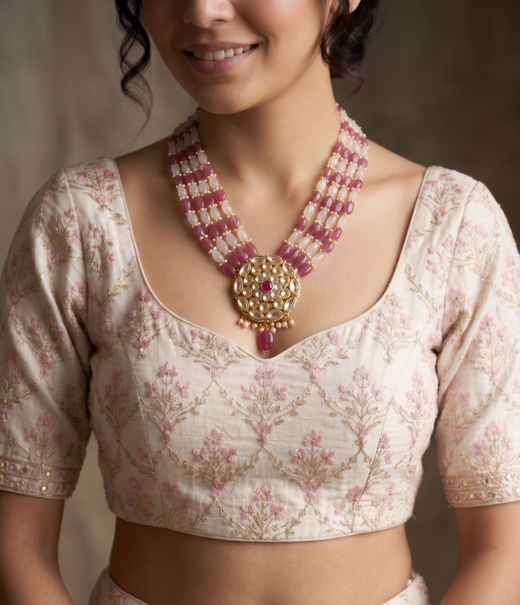 Kundan Pendant Necklace with Ruby and Pearl Beads, Multi-Strand, Gold-Toned, Traditional Indian Style