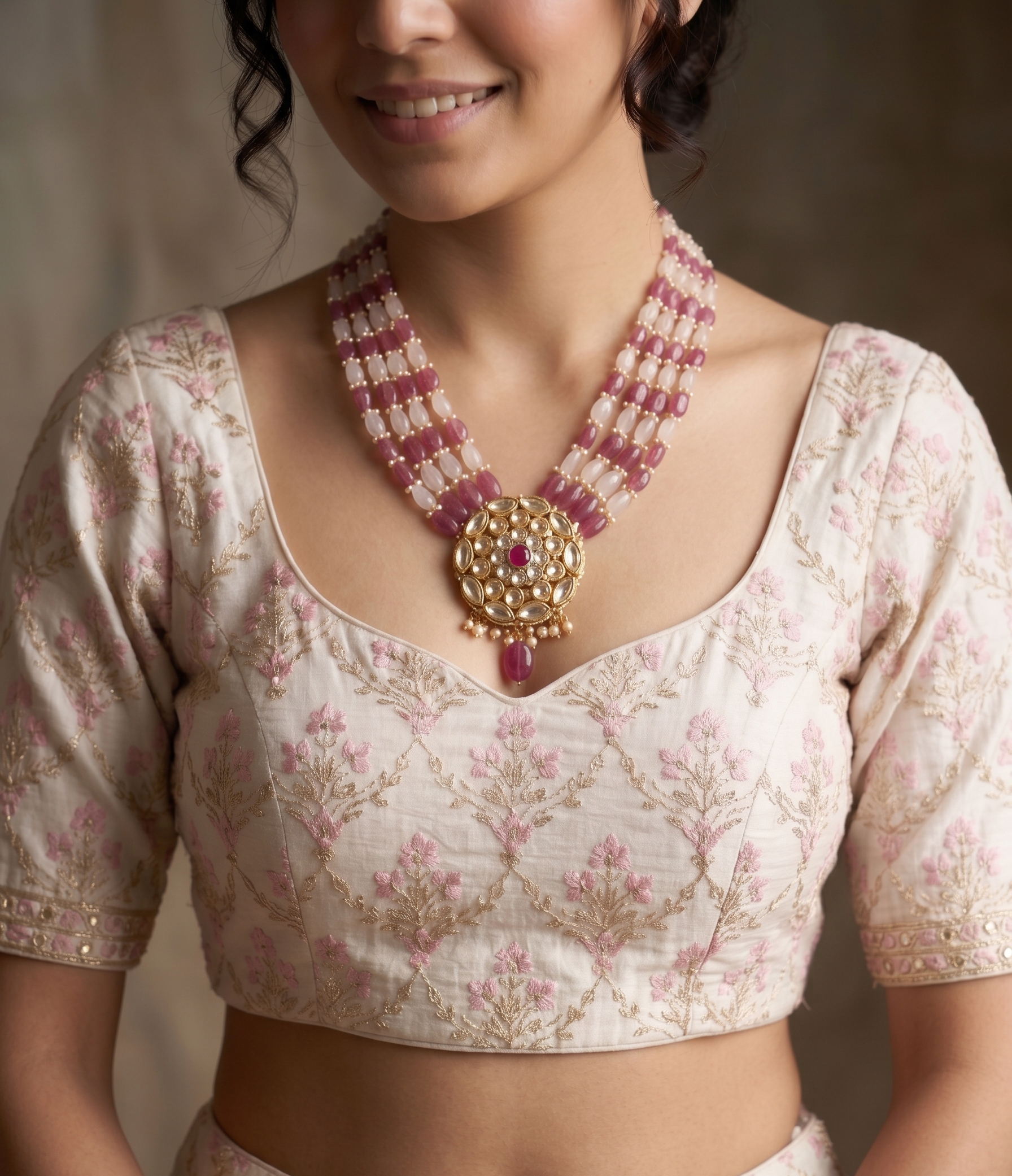 Kundan Pendant Necklace with Ruby and Pearl Beads, Multi-Strand, Gold-Toned, Traditional Indian Style