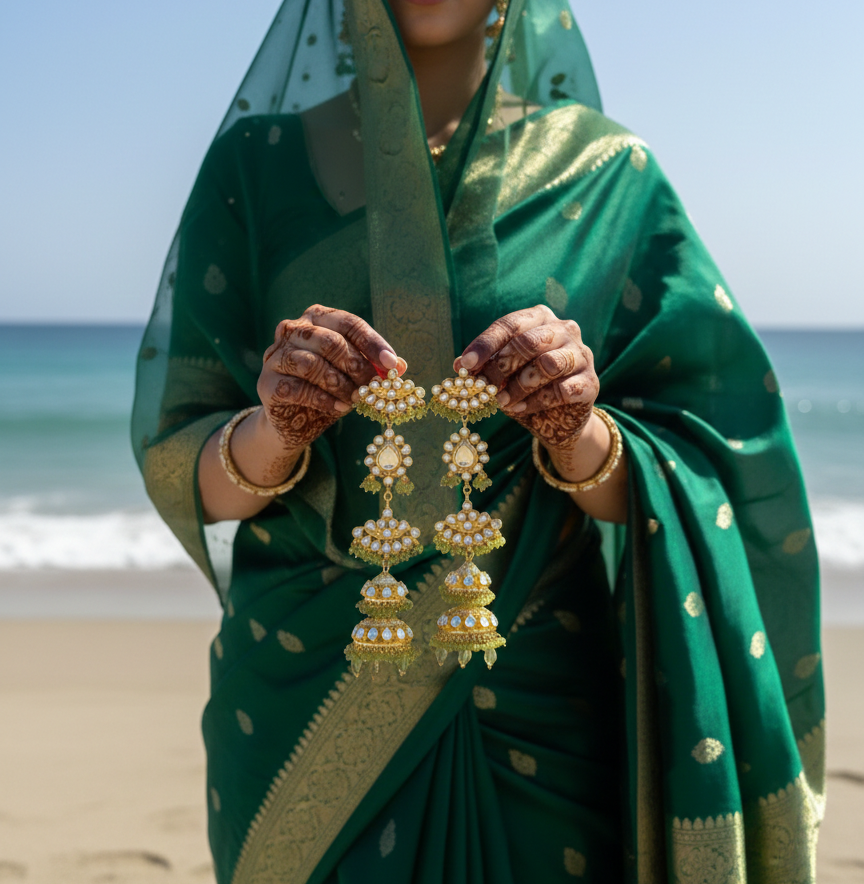 Green jhumar earrings with kaanchain