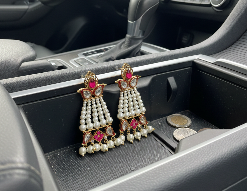 Shivali pearl earrings with pink accent